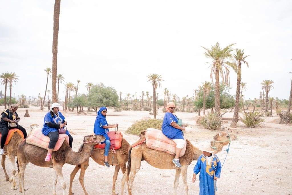 Travel Divas riding on camels in the Moroccan desert