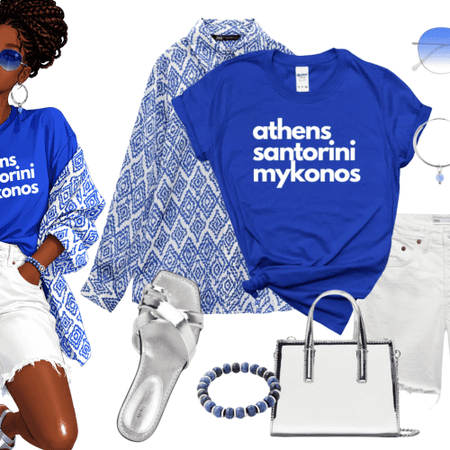 Black woman wearing Athens Santorini Mykonos Travel Divas tee with white shorts, blue patterned kimono, and silver sandals — Greece travel outfit